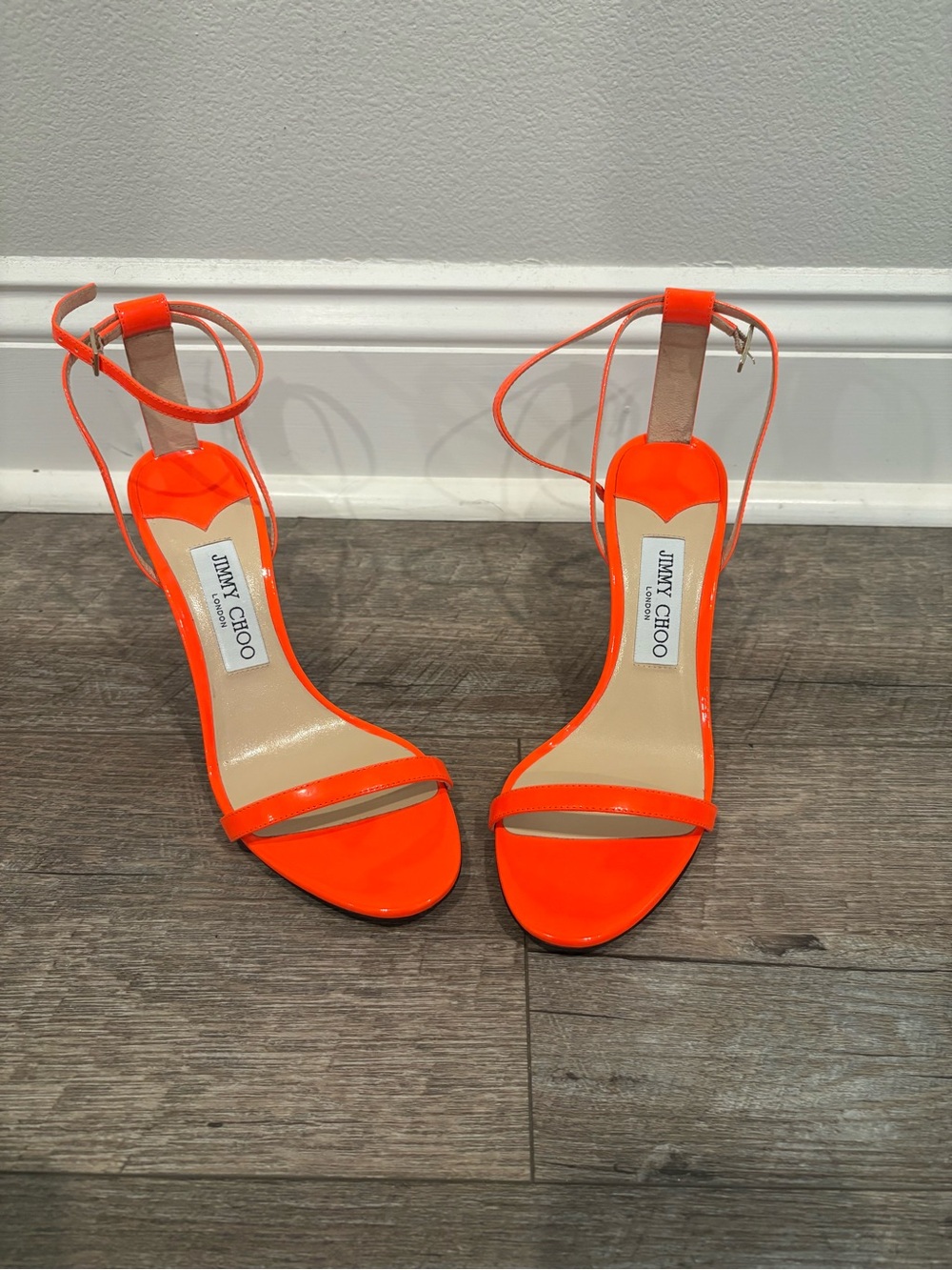 Jimmy Choo Neon Orange Patent Ankle-Strap Heels